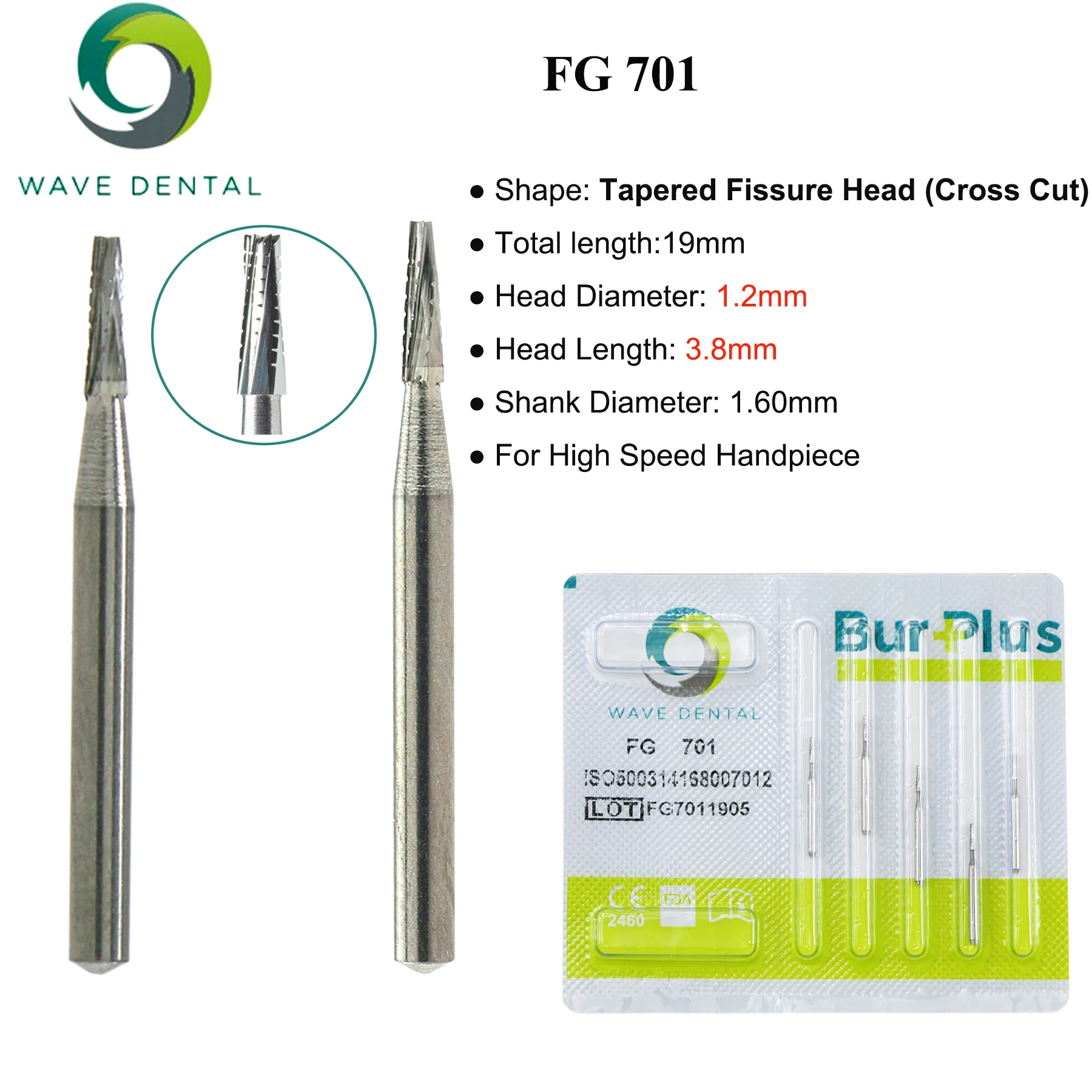 PRIMA WAVE Dental Burs Tungsten Carbide Tapered  Fissure Cross Cut Head  Type FG 701 701L For High Speed Handpiece 5Pcs/Pack