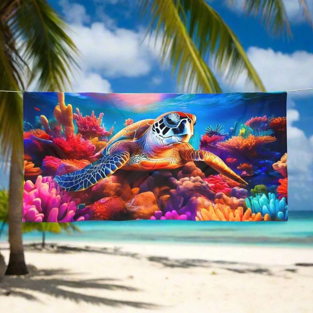 3D Sea Turtle Microfiber Beach Towel, Colorful Coral Reef Bath Towel, Aesthetic Ocean Scenery Travel Blanket for Women Gift