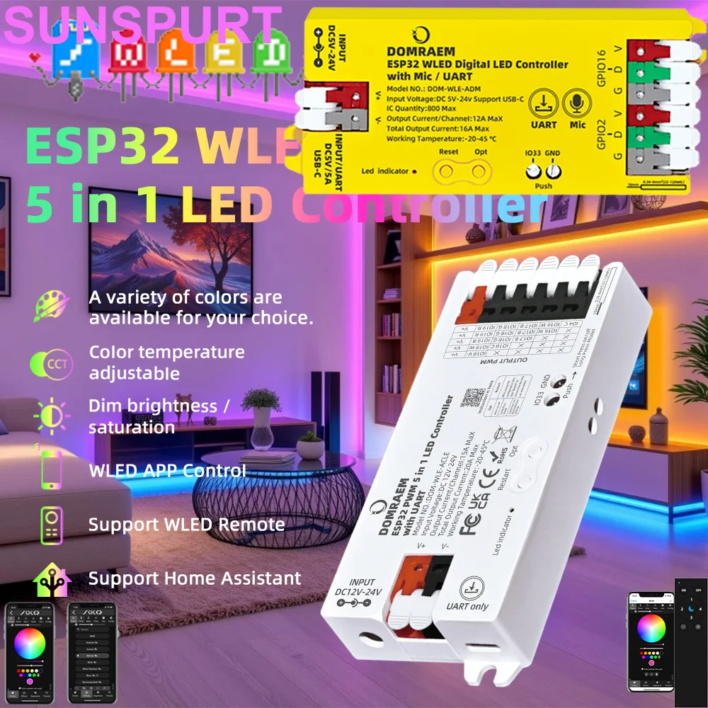 

Светодиодный контроллер WLED ESP32 PWM 5IN1 Микрофон Музыка UART RGB IC Цифровые фонари Адресное гирляндное освещение WS2811 WS2812B WS2815 SK6812