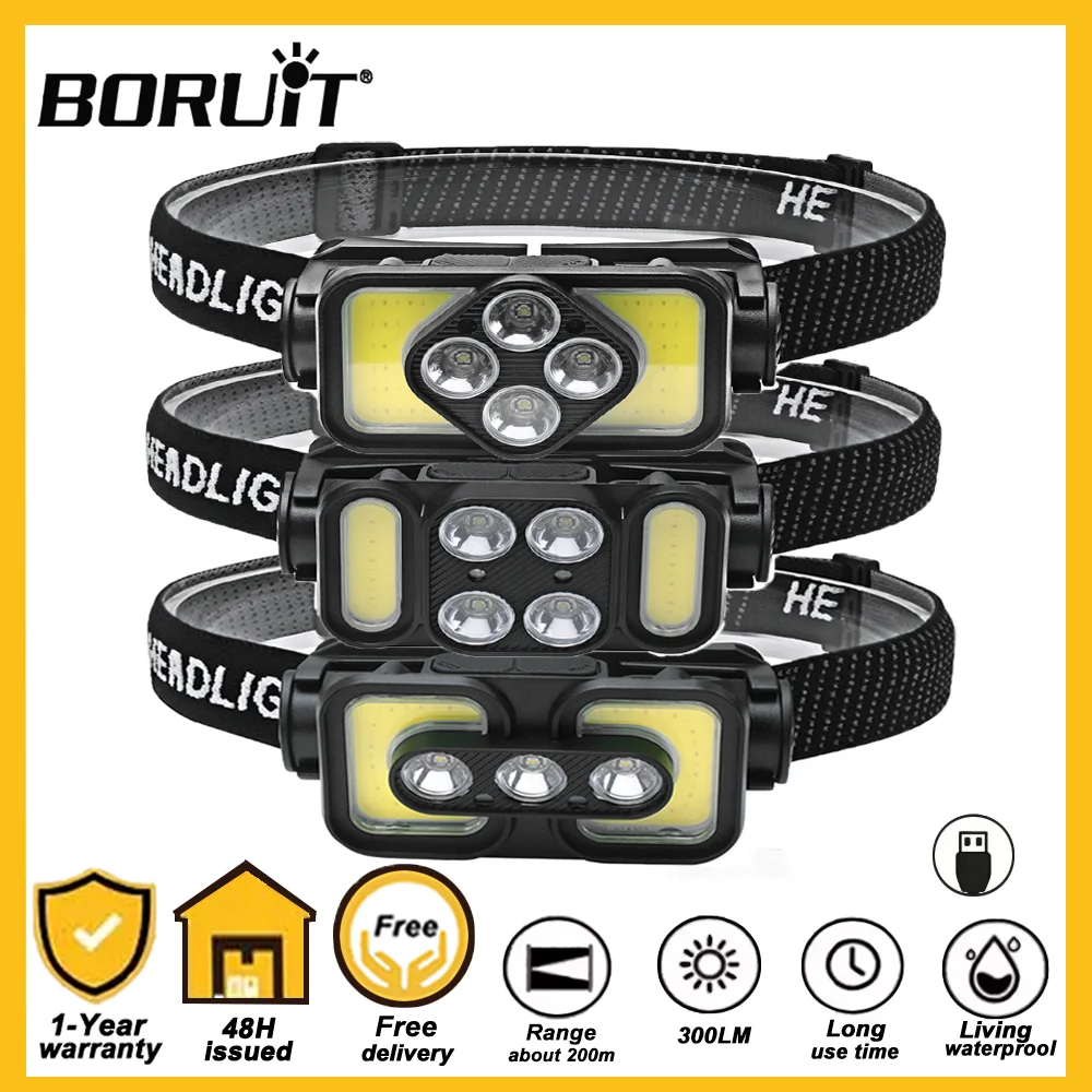 BORUiT الاستشعار COB LED كشافات 18650 بطارية نوع-C مصباح قابل لإعادة الشحن 6-وضع الضوء العلوي مقاوم للماء الصيد التخييم الشعلة