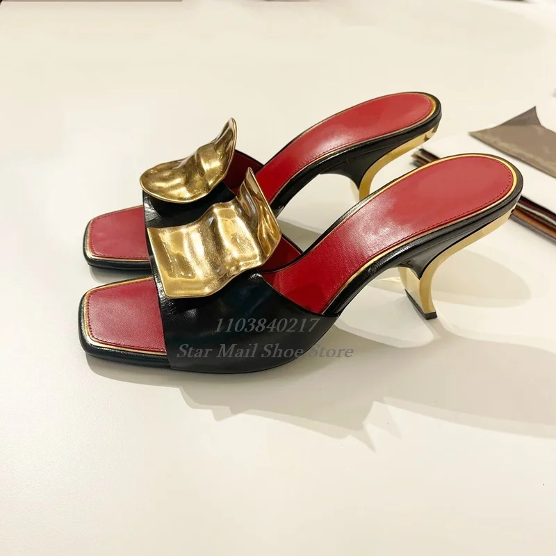 

Sexy Peep Toe Square Toe Women Slippers Metal Decorated Strange Style Medium Heel Slippers Novel Street Women Slingback Sandals