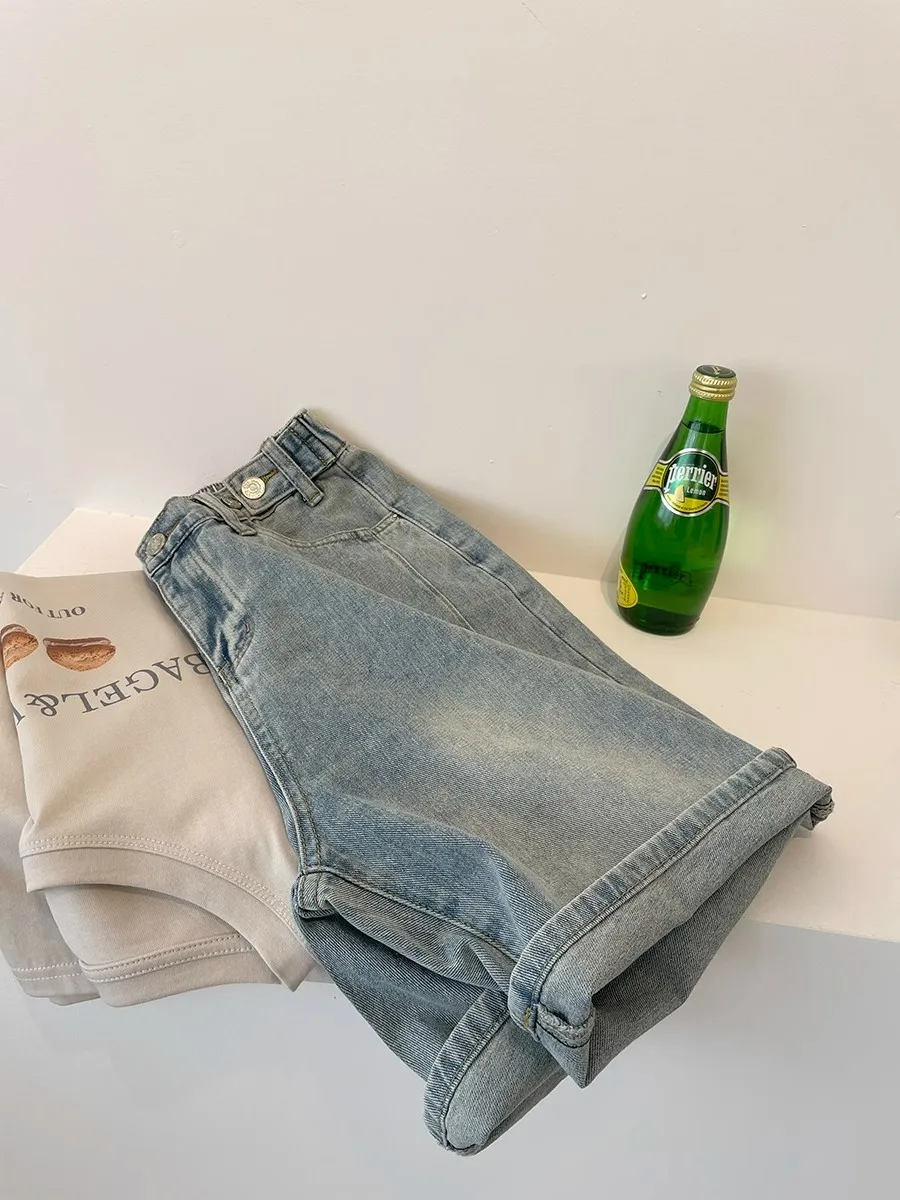 

Light Blue Vintage Denim Five-Point Pants High Waist Straight Leg Slimming Casual Shorts Wide Leg Mid-Length Women's Jeans