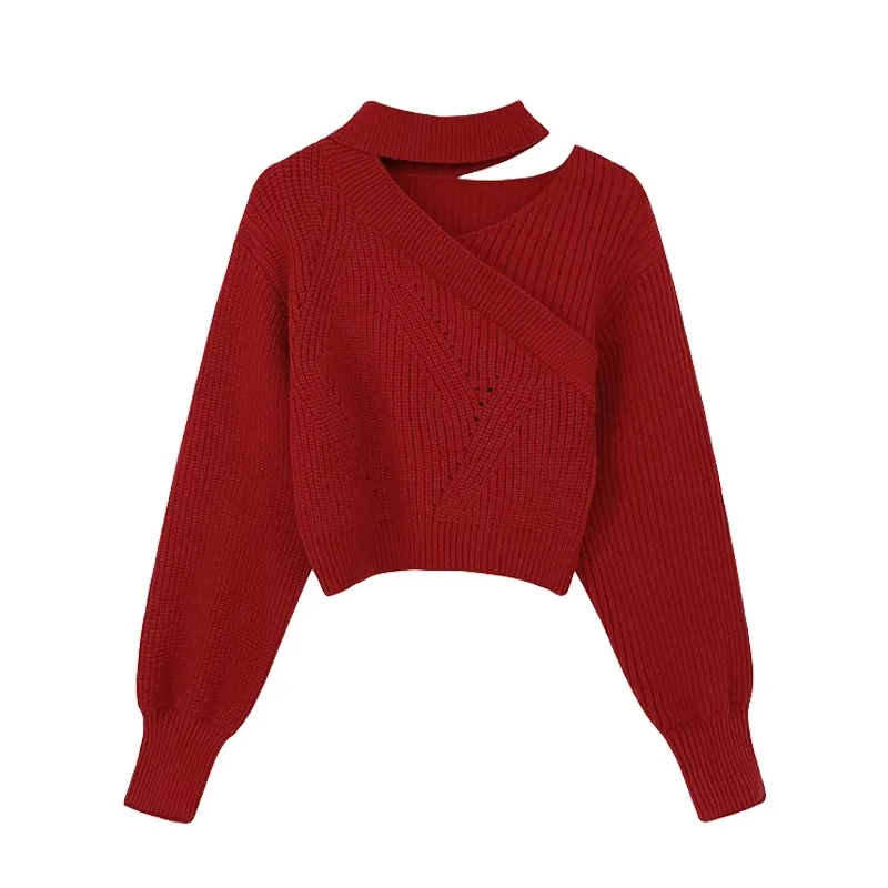 

Women's Short Knitted Sweater Autumn Winter Soft Waxy Casual Hanging Neck Chic Warm Top Christmas Theme Fashionable Female Knitw