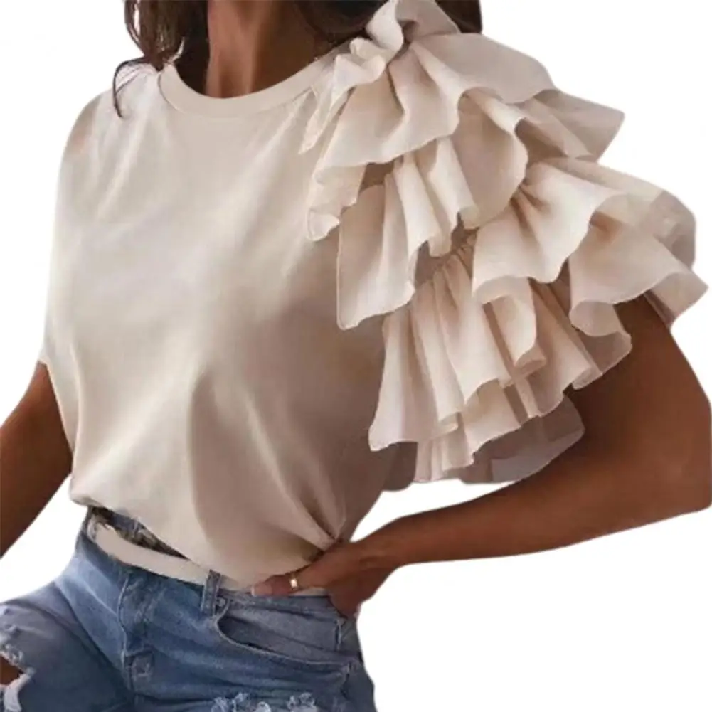 Casual Female T-shirt O-neck Anti Pilling Stretchy Breathable Women Top Layered Ruffle Short Sleeve Lady Shirt Blouse Streetwear