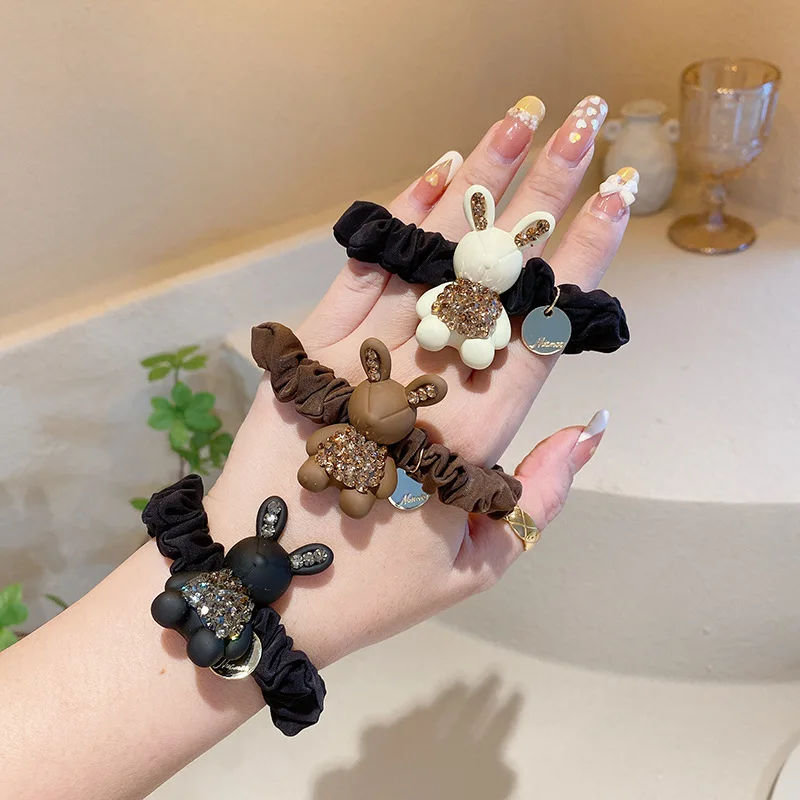 Rhinestone Cute Rabbit Head Rope Female Head Small Intestine Hairband Simple Hair Tie Band Hair Accessories