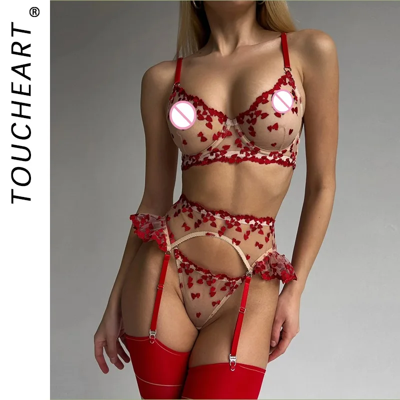 

Toucheart 4-Piece Heart Sensual Lingerie For Women Sheer Lace Embroidery Patchwork Fancy See-Trough Underwear Sexy Bra Set New