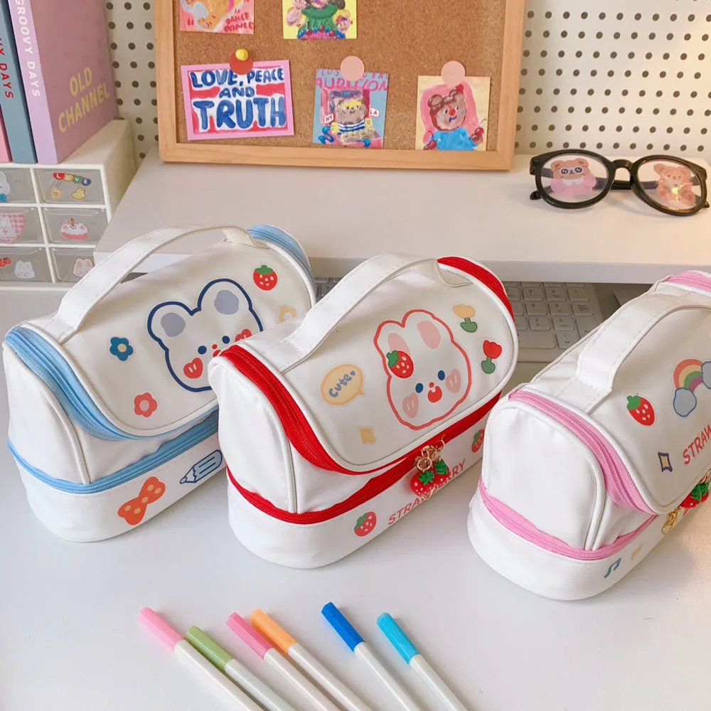 Kawaii School Pencil Case for Girls Stationery Pencilcase Organizer Korean Strawberry Two Zipper Pen Box Cute Large Capacity Bag