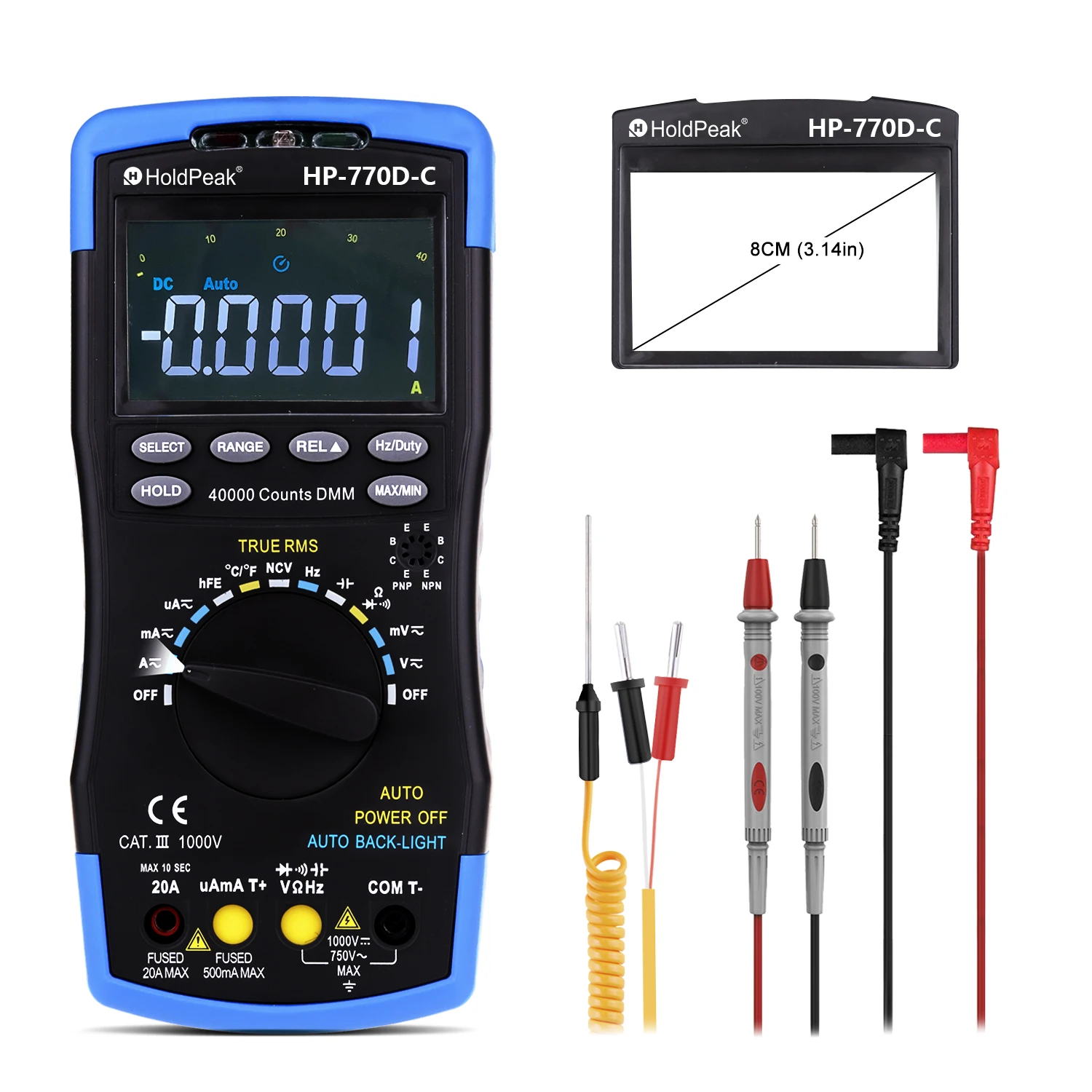 

Digital multimeter AC DC Ohm Volt Amp Capacitor Tester,40000 Counts True RMS Auto Range Multimetro Measure LCD HP-770D-C