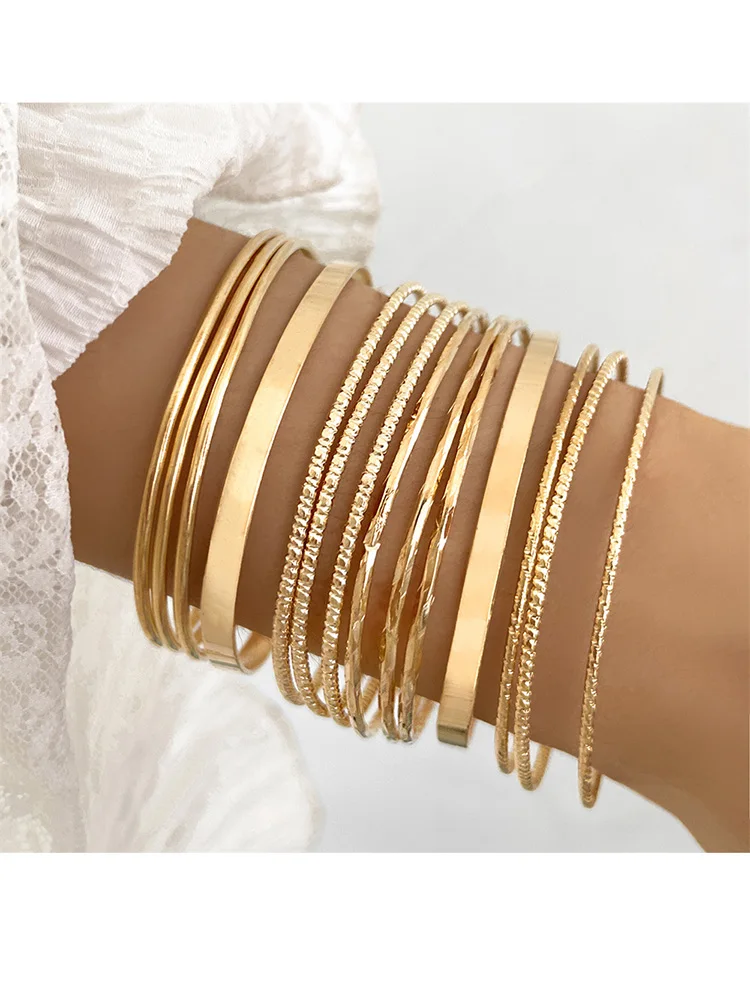 Classic 14pcs Set Gold Bangles for Women Smooth Stainless Steel Fashion Accessories Gift