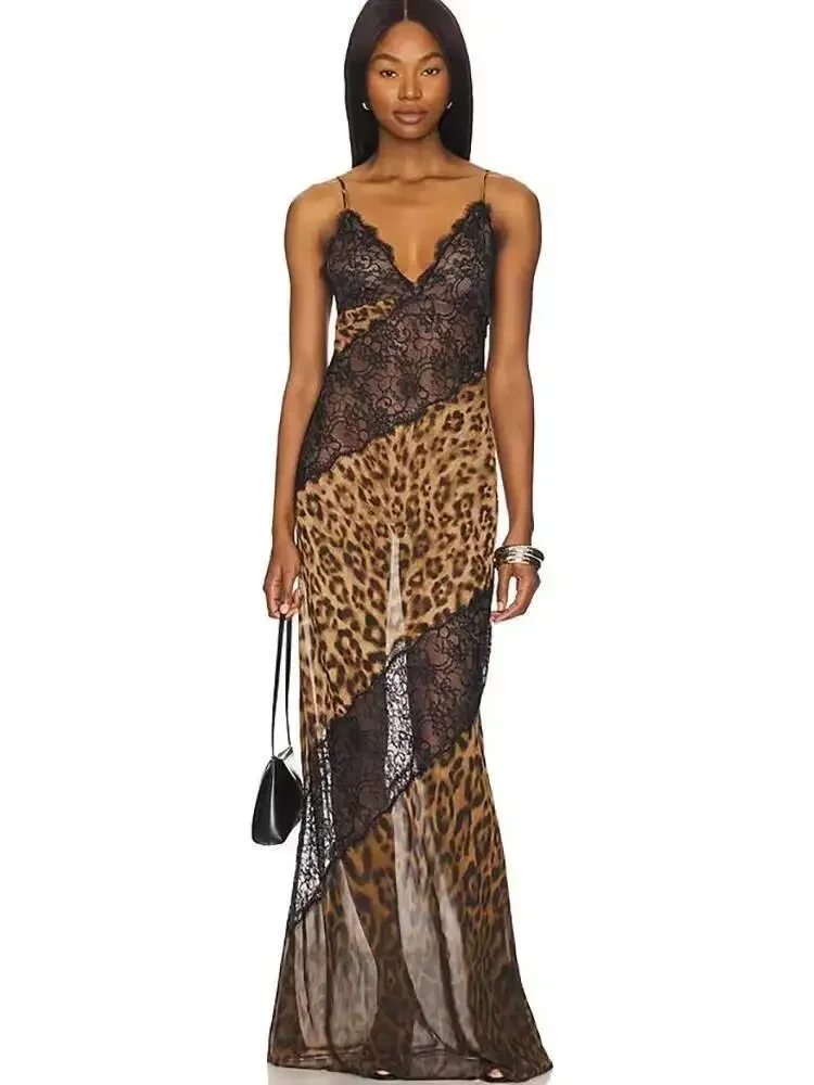 

Leopard Print Spaghetti Strap Sexy Maxi Dress Women Patchwork See Through Sleeveless Backless Beach Club Party Dress