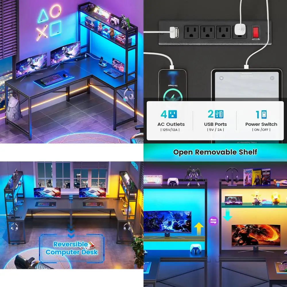 

Compact L-Shaped Gaming Desk with 45.3 Work Surface, LED Lights, Power Outlet, and Storage Solutions for Small Spaces in Black