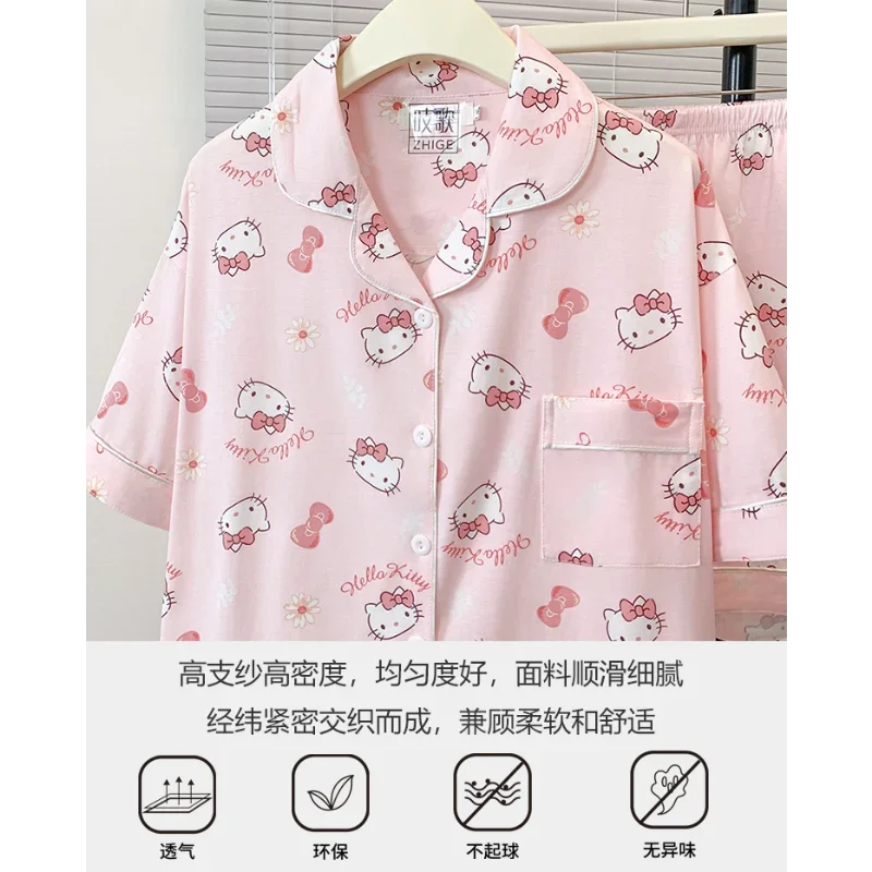 Sanrio-Pijama de seda de Hello Kitty para mujer, ropa de dormir de dibujos animados, informal, cómoda, fresca, transpirable, ligera, para el hogar