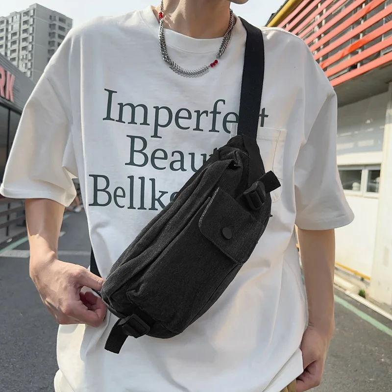 

Denim chest bag for women2024New design niche casual canvas bag in Hong Kong style, Harajuku mobile phone crossbody waist bag