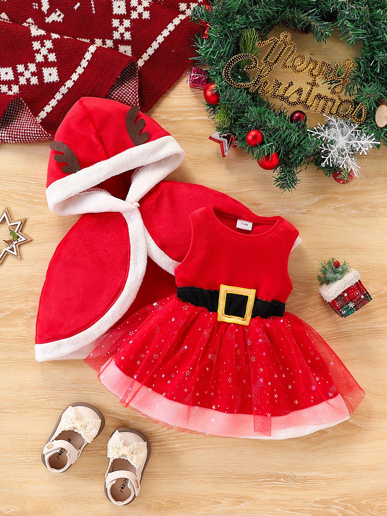 Baby Girl Christmas Silver Fox Fur Antler Hooded Cape + Santa Claus Mesh Dress Two-Piece Set Warm Holiday Party Outfit