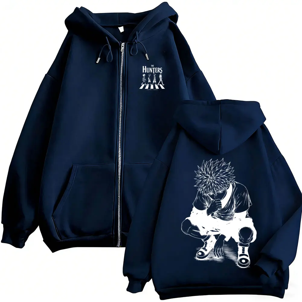Anime Hunter X Hunter Reißverschluss-Hoodie Manga Killua Zoldyck Zip-Up-Jacke für Männer und Frauen Lässiger Vintage Oversized Zip-Up-Sweatshirt-Mantel – Detail 4