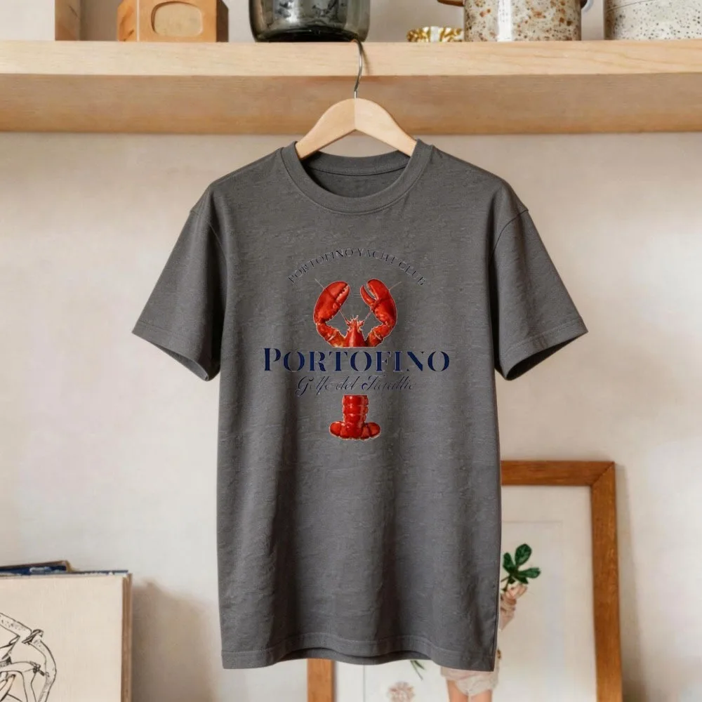 Portofino Yacht Club Lobster Tee Shrimp Print Pattern Seafood Lovers' Summer Beach Vacation Women Clothes Printed Tees
