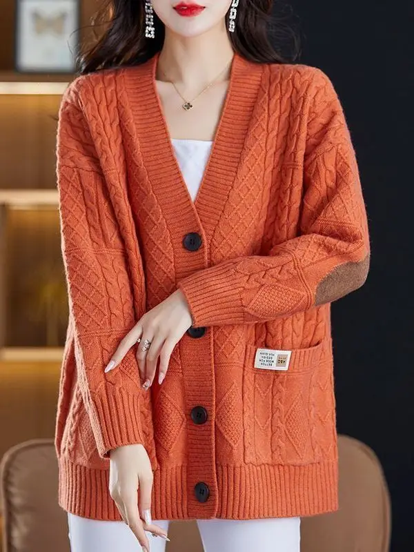 plus Size Women's Knitted V-Neck Long Sleeve Open Cardigan Slimming Sweater Jacket High Waist Korean Style Commute Wear