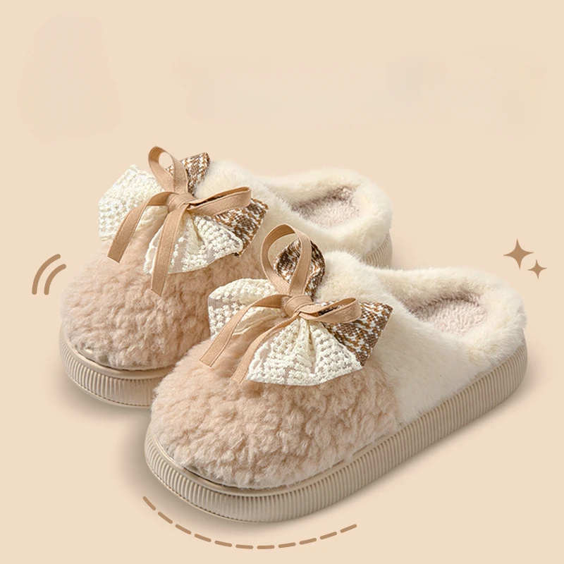 Bow Cotton Slippers Women's Winter Indoor Home Use 2024 Style Cotton Slippers Autumn/winter Thick Bottom Warm Postpartum Shoes