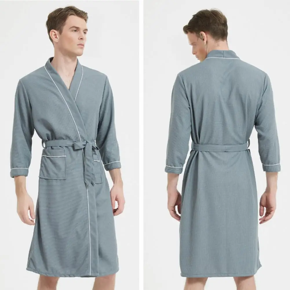 Women Polyester Robe Men's Spring Autumn Bathrobe Soft Lounge Robe Knee-length Nightgown for Home Hotel Three-quarter Sleeve