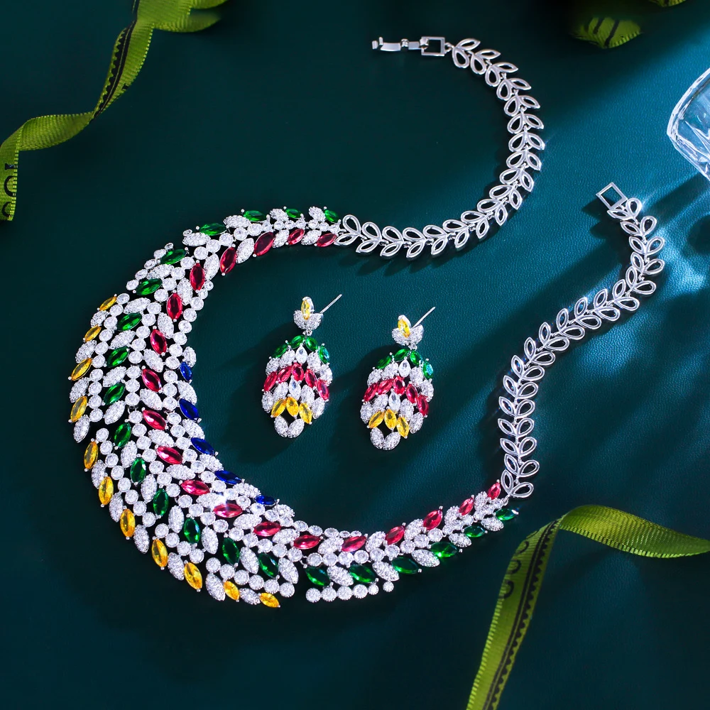 

CWWZircons Luxury Chunky Colorful Cubic Zirconia Pave Statement Wedding Necklace for Women Boho Pageant Dress Jewelry Sets T0556