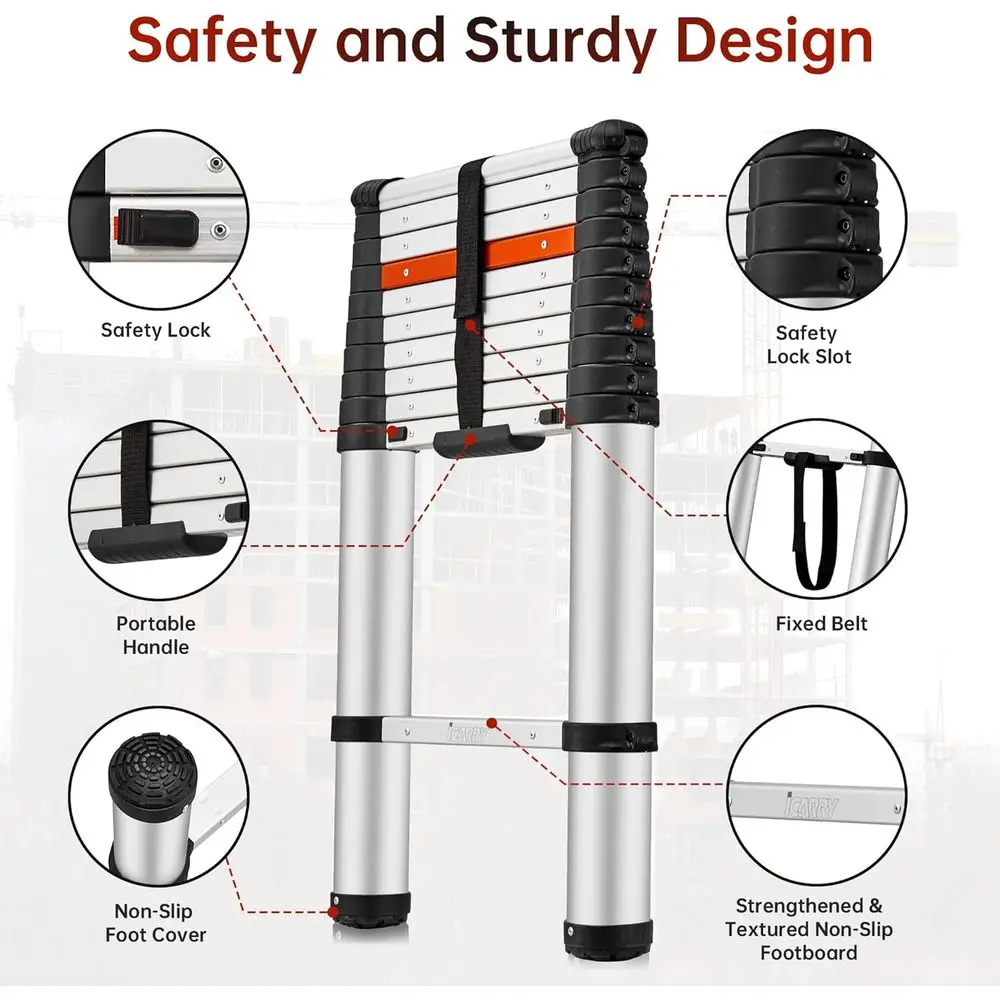 10,8-Fuß-Teleskopleiter aus Aluminium mit einem Knopf und Absenkautomatik, rutschfesten Füßen für den Einsatz zu Hause, im Freien, Wohnmobil, 250-Pfund-Last