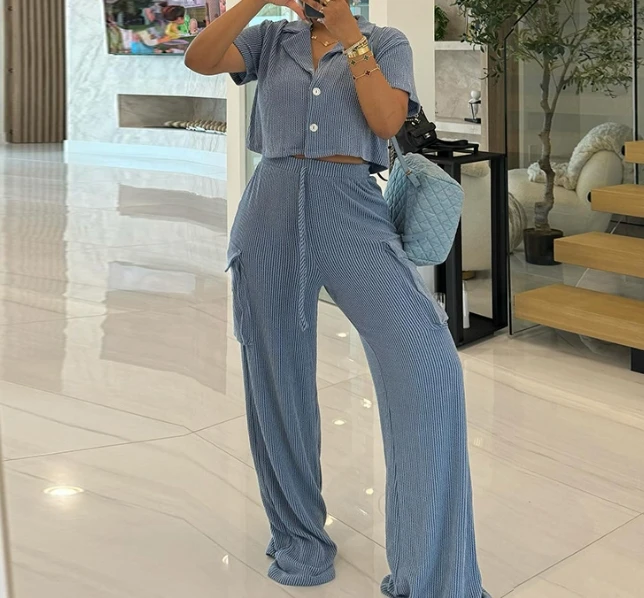 Sweet and Fresh Crop Shirt & High Waist Patch Pocket Straight Pants Two-Piece Set New Fashion Women's Casual Trousers Outfits