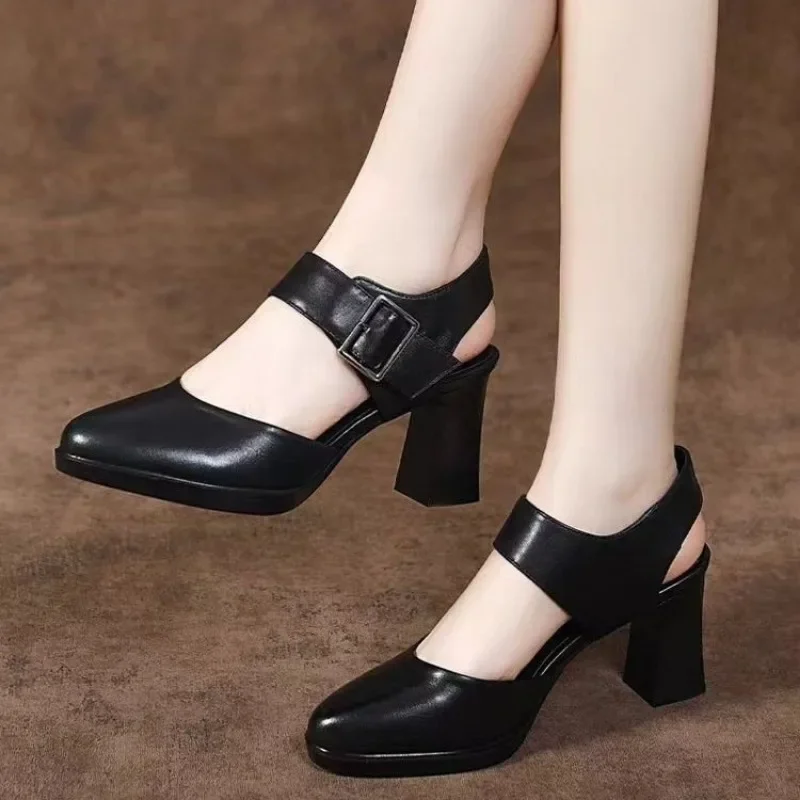 

Shoes for Women 2025 Closed Toe Women's Sandals Elegant Dress Sandals Women Shallow Buckle Strap High Chunky Heels Shoes Female