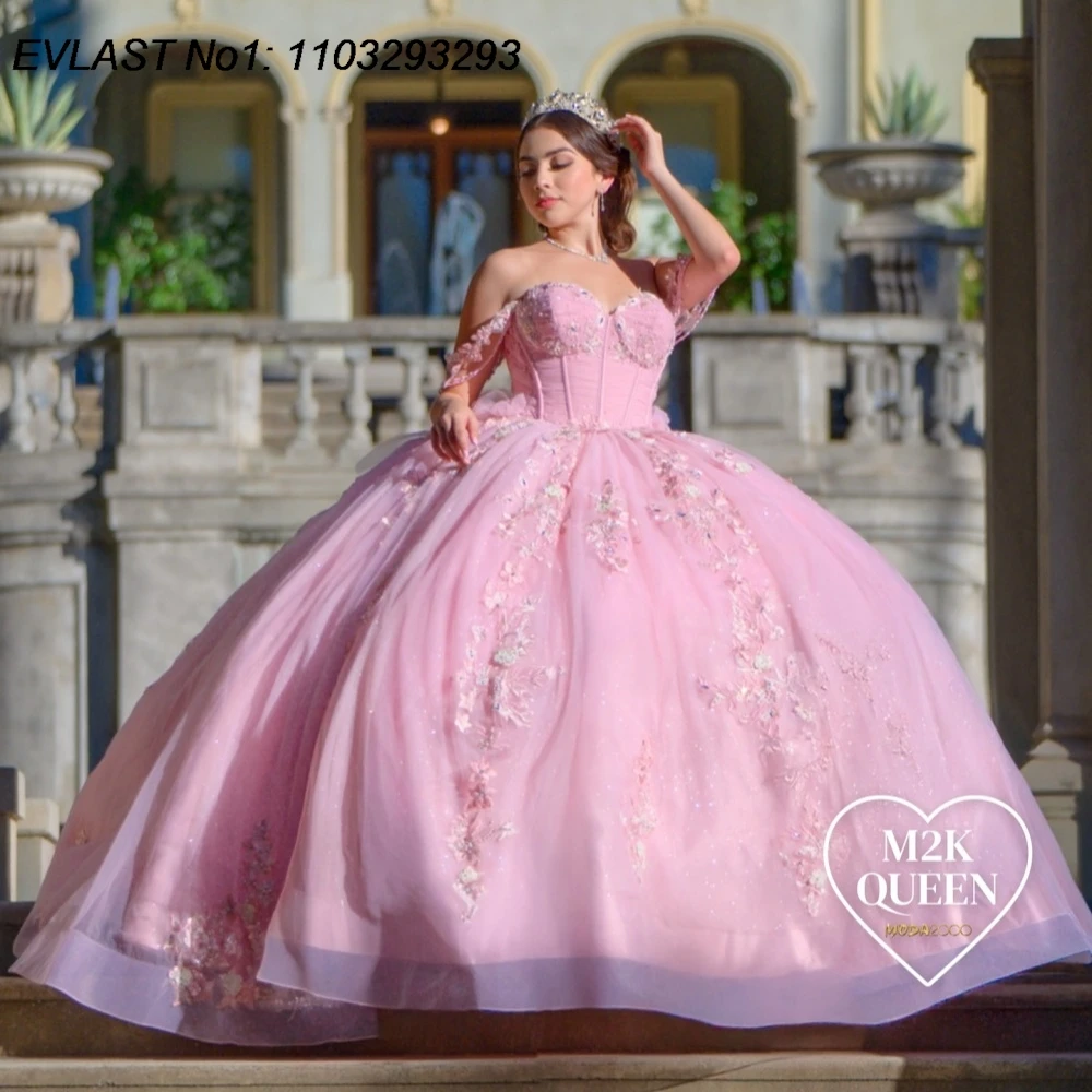 

EVLAST Customized Glitter Pink Quinceanera Dress Ball Gown 3D Floral Applique Beading Mexico Sweet 16 Vestido De 15 Anos E1Q474