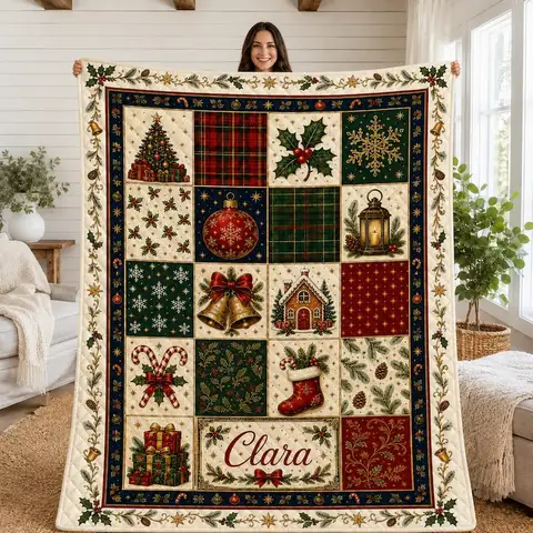 Christmas Patchwork Quilt Blanket, Personalized Holiday Throw, Vintage Farmhouse Christmas Bedding, Custom Name Gift