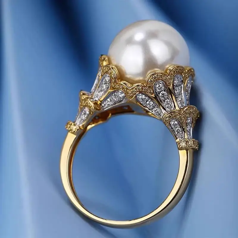 Huitan Luxus-Design Damen-Ring mit Imitationsperlen für Party, Hochzeit, modische zweifarbige Accessoires, bezaubernder Schmuck mit glänzendem CZ-Stein
