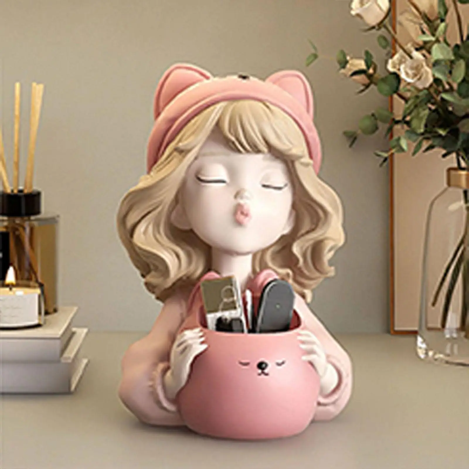 

Girl Statue Entryway Key Holder Pen Holder Candy Bowl Makeup Brush Organizer for Bookshelf Office Bedroom Housewarming Gift