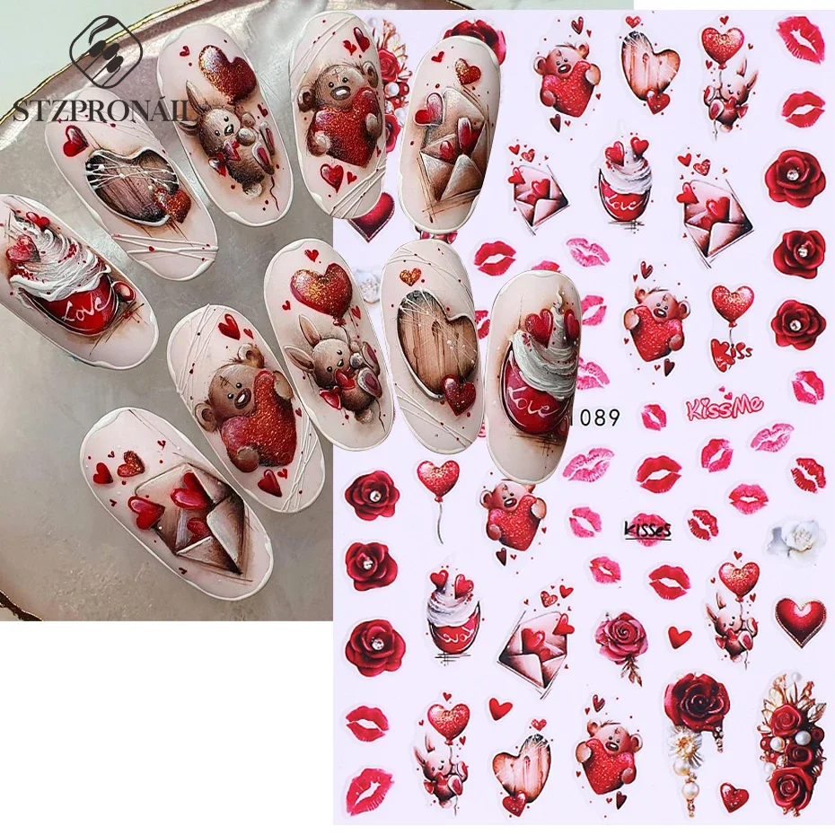 3D Lovely Animal Nail Sticker Cartoon Valentines Cat Panda Bear Lip Red Heart Letter Slider DIY Manicure Art Decoration Tips SLF