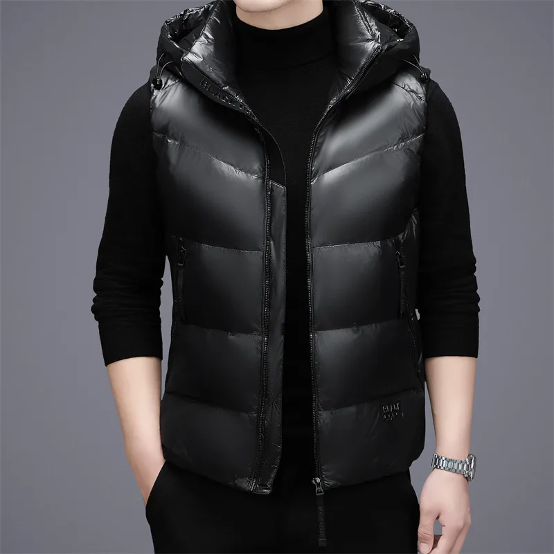 New Autumn Winter Men 90% White Duck Down Vest Hooded Sleeveless Jacket Shiny Black Warm Puffer Waistcoat Casual Outerwear Gilet view 2