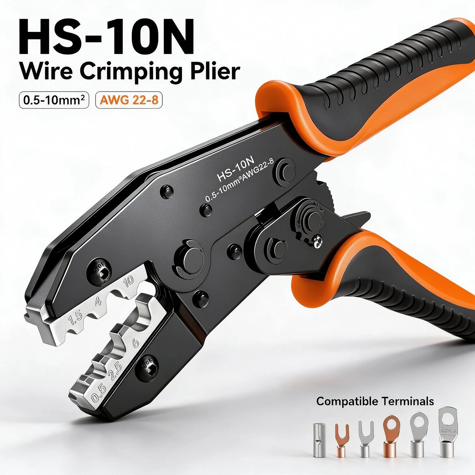 Ratcheting Wire Crimping Tool HS-10N Crimper Plier for Non-insulated Ring Fork OT UT SC Terminals 0.5-10mm² AWG22-8