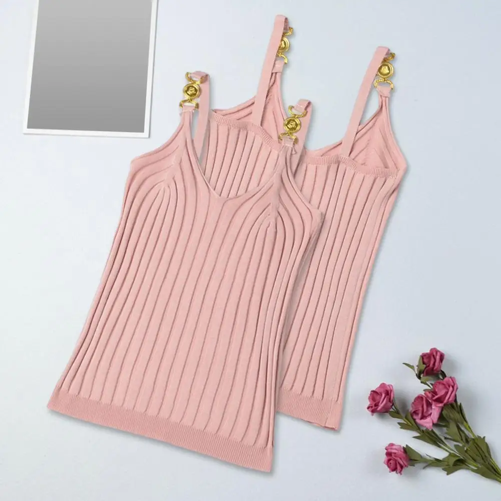 Women's Vest Solid Color Metal V Neck Backless Sleeveless Daily Wear Slim Striped Women's Summer Vest Women's Camisole Tops