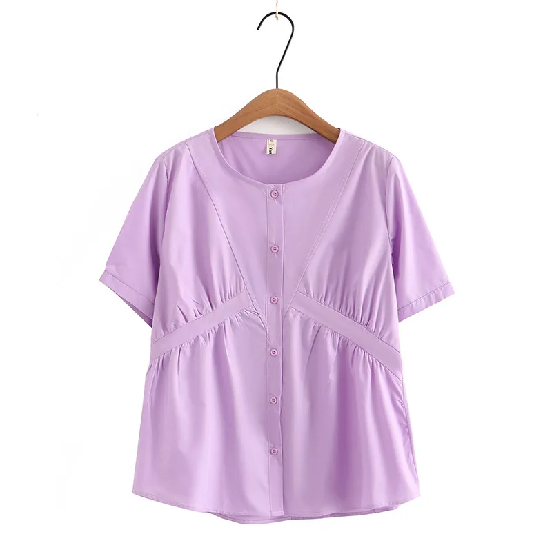 New 2023 Ladies Spring Summer Plus Size Tops For Women Large Size Short Sleeve O-neck Button Purple T-shirt  3XL 4XL 5XL 6XL