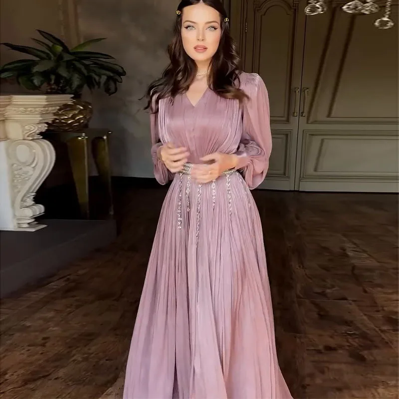 Vestido E de Manga Longa com Decote em V e Cintura Alta para Mulheres, Vestido Sexy e Faion com Saia em Camadas de C...