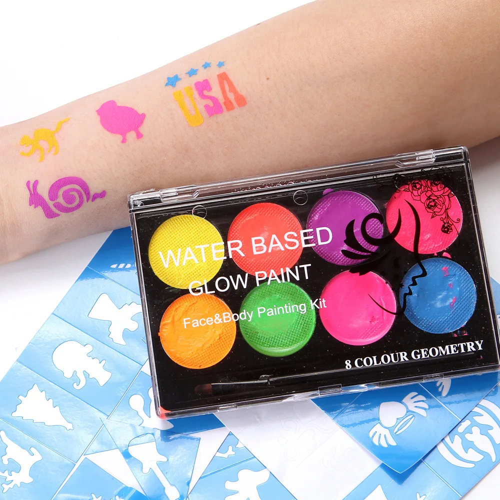 8 kleuren bodypaint fluorescerende gloed wateroplosbare schmink met 10 stuks borstelset voor Halloween feestdecoratie kunstmake-up