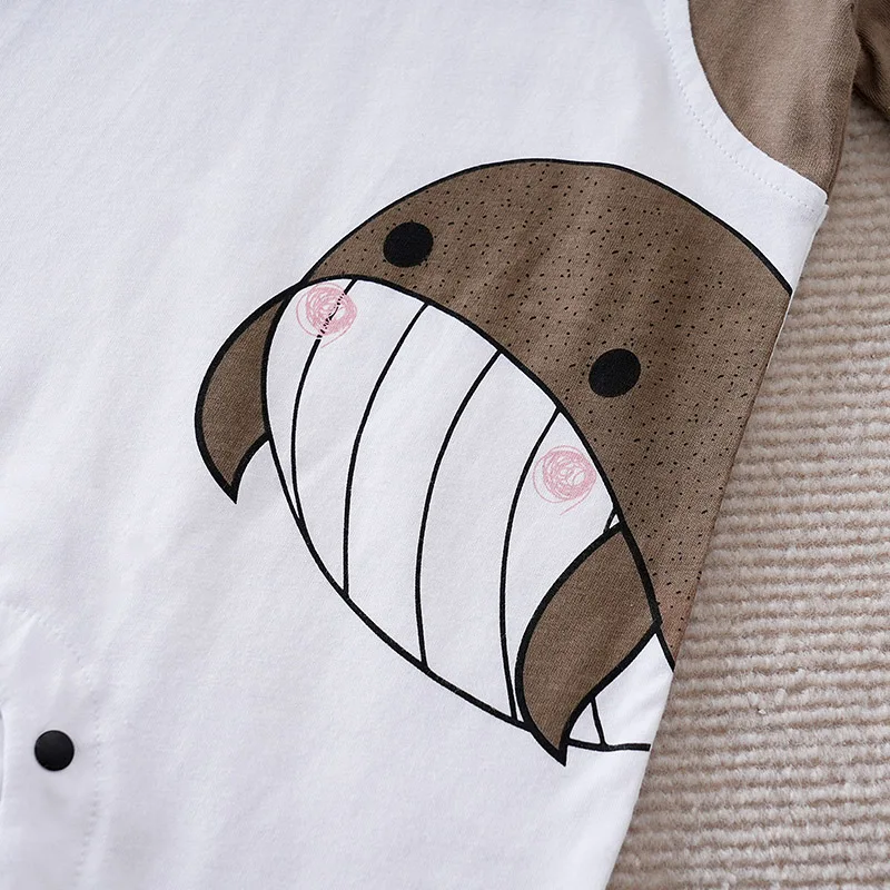 Newborn Boy And Girl Jumpsuit Cute Cartoon Animal Whale Casual Fake Shoulder Strap Coffee Colored Summer Short Sleeved Jumpsuit