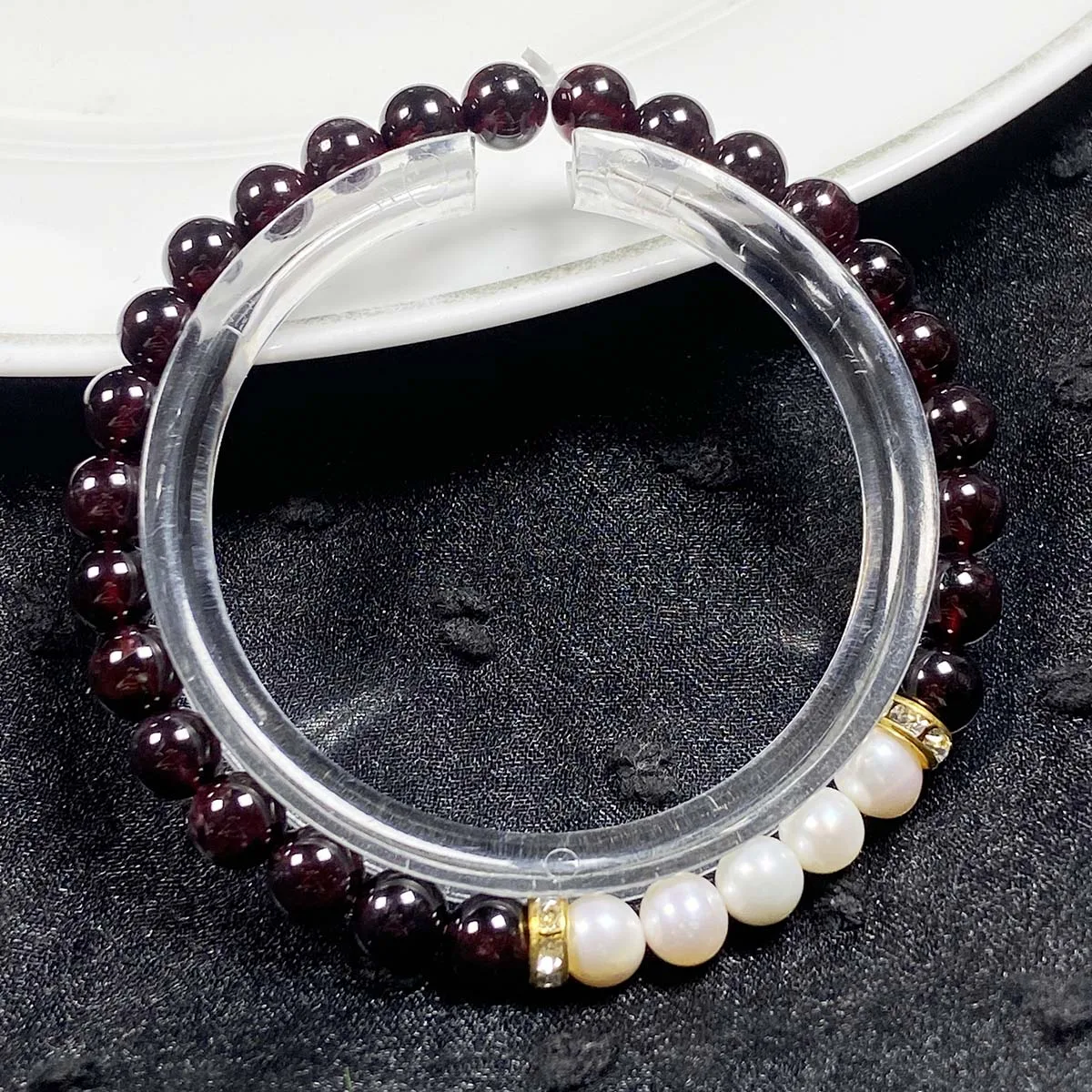 Garnet Crystal with White Pearl, Fashion Bracelet, Reiki Crystal, Energy Lucky Couple Jewelry, Natural Crimson