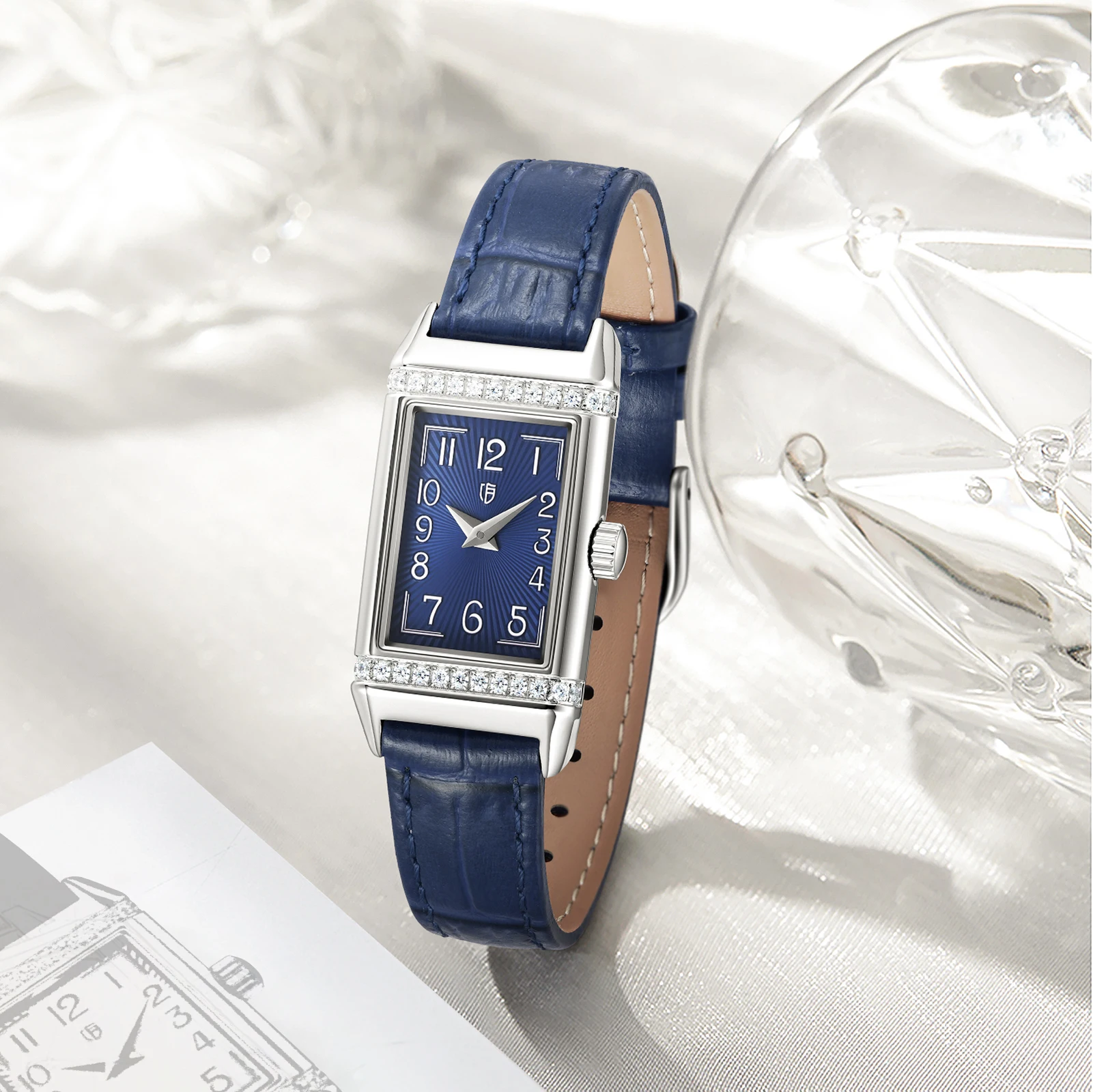 BERNY Square Watch for Women Rectangular Stainless Steel Waterproof Reverso One Quartz Wristwatch Leather Strap Ladies Watch