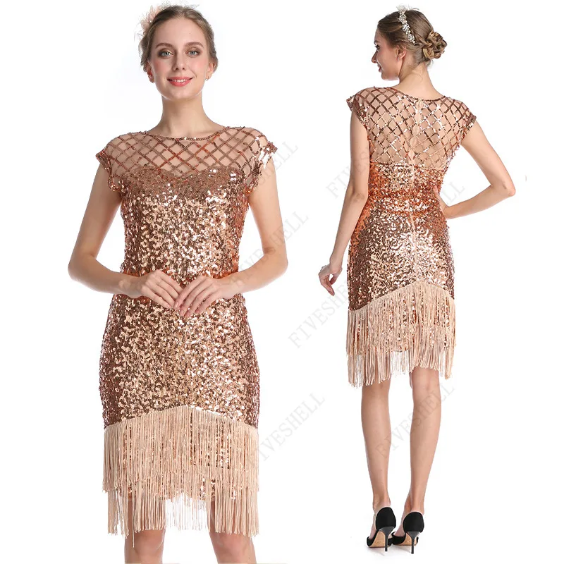 Women 'S 1920S สีดำ Sequins ลูกปัด Gatsby Theme Roaing Art Dero งานแต่งงาน Flapper ชุดพู่