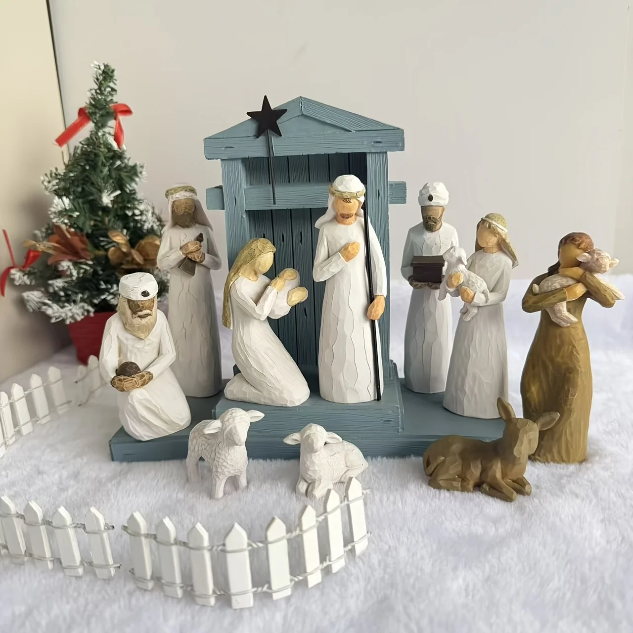 11PCS Christmas Nativity Set Resin Holy Family Manger Scene with Stable Wise Men Shepherd Sheep Home Decor Gift