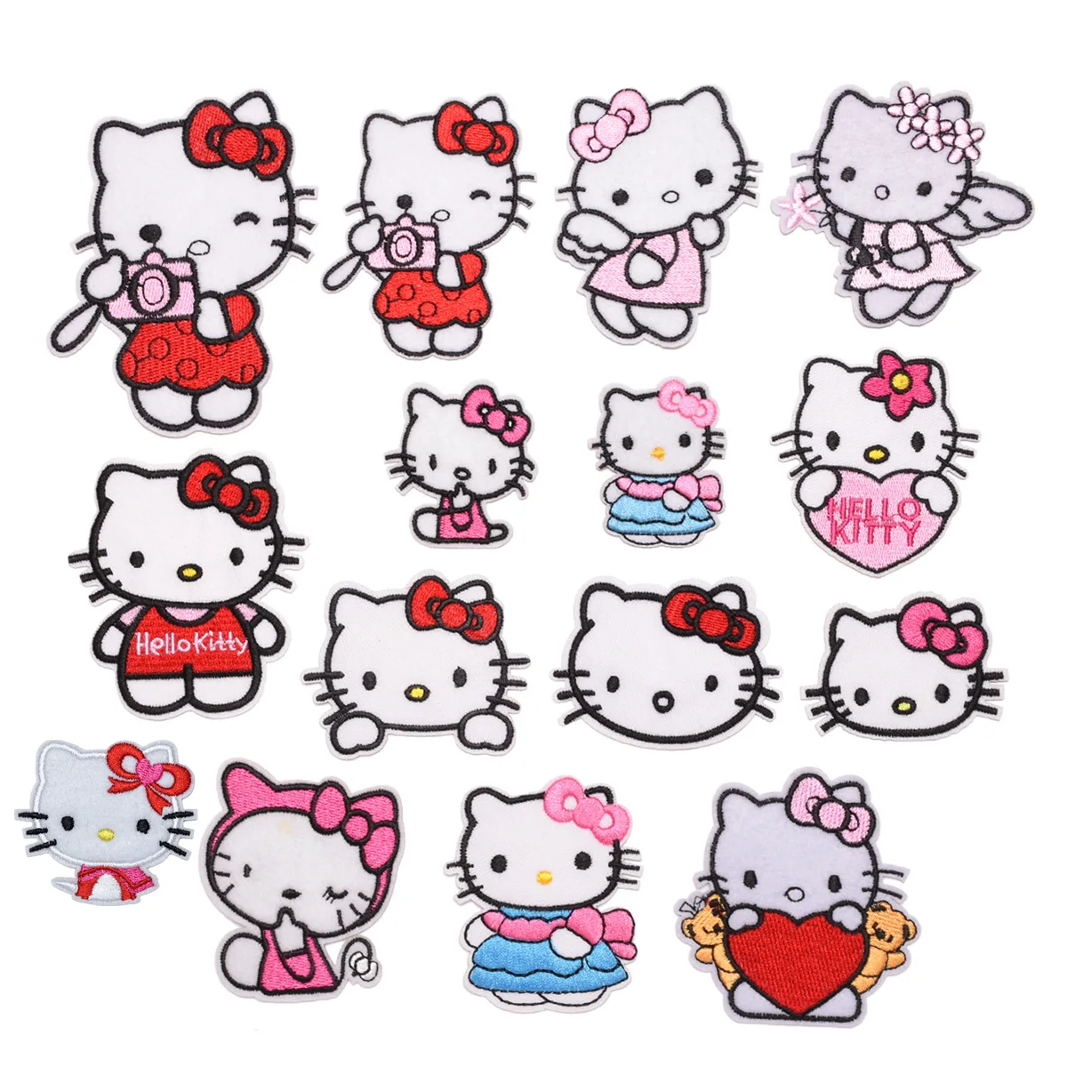 15Pcs Hello Kitty Cartoon KT Cat Series For Child Clothes Iron on Embroidered Patches For Sew DIY Hat Jeans Applique Stickers