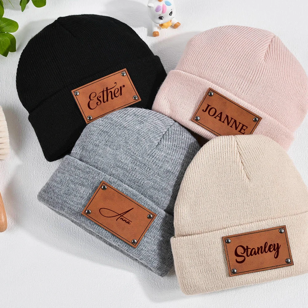 Personalized Engraved Leather Winter Beanie Hat Baby Beanie with Name Custom Youth Child Gift Knitted Hat Gift Adults BeaniesHat