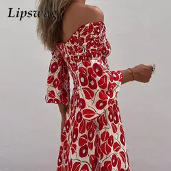 Summer Lady Graphic Print Pleat Long Dress Elegant Women Elastic Waist Boho Dress Sexy Cold Shoulder Flare Sleeve A-line Dress