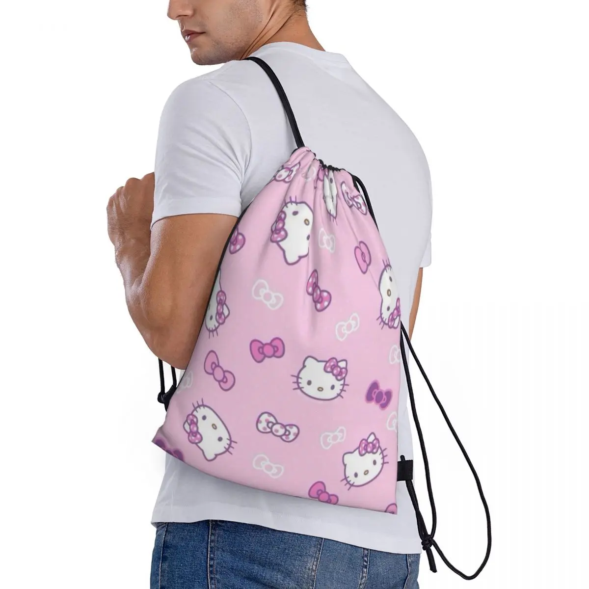 Hello Kitty Portable Sports Bag Thicken Drawstring Belt Riding Backpack Gym Drawstring Shoes Bag Clothes Backpacks