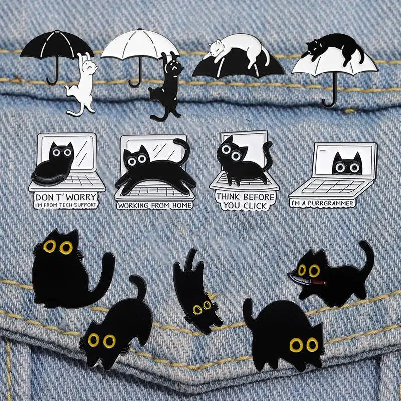 Funny Black And White Cat Series Enamel Pins Cartoon Umbrella Computer Kitten Brooch Backpack Badge Jewelry Decorate Gifts