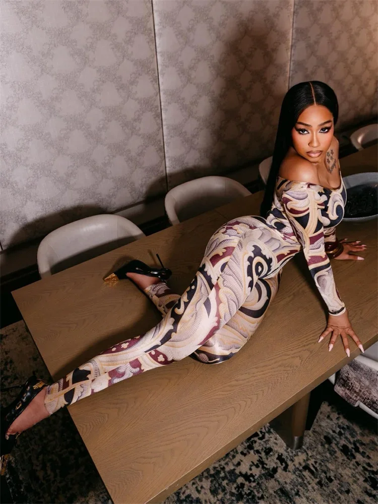 Комбинезон с разрезным вырезом, женский хипстерский комбинезон с ярким принтом и длинными рукавами, эластичный, облегающий, для фитнеса, тренировок, тонкая уличная одежда