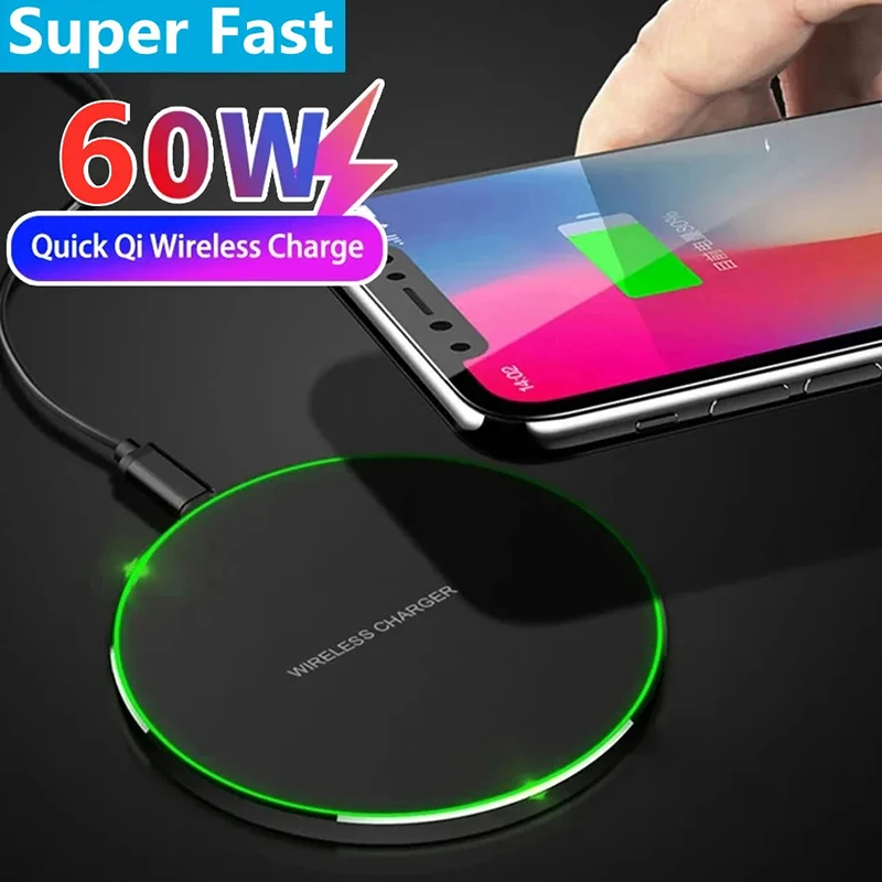 60W Wireless Charger Pad Stand Desk Mobile Phone Fast Charging Station Dock For iPhone 15 14 13 12 11 X 8 Samsung Xiaomi Huawei